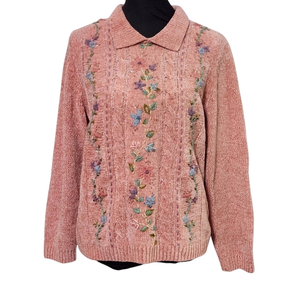 Vintage Alfred Dunner Chenille Sweater Petite Medium Pink Grandmacore Cottagecor - Picture 1 of 9